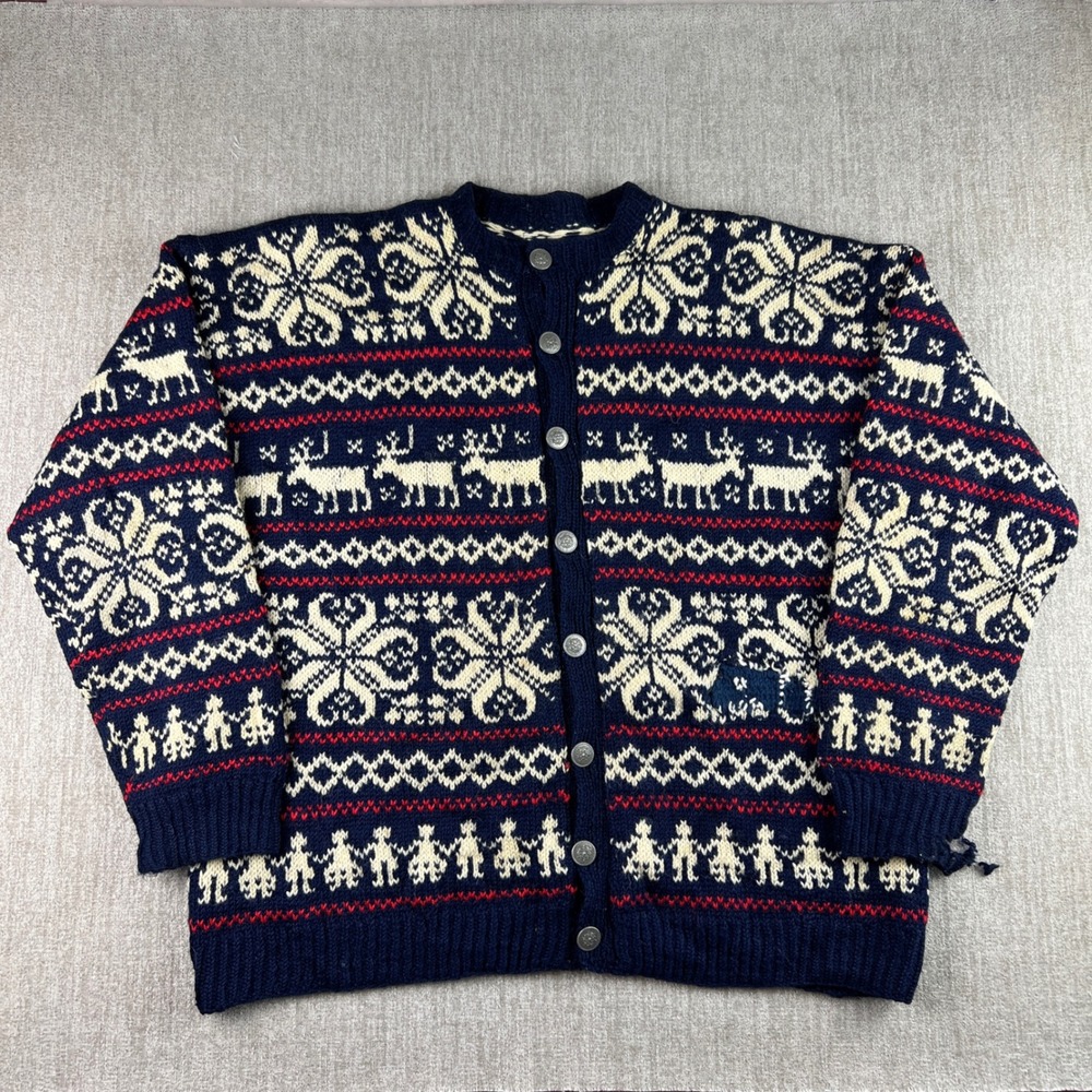 Vintage Nordic Fair Isle Cardigan Mens L Navy Blue Distressed Snowflake Sweater